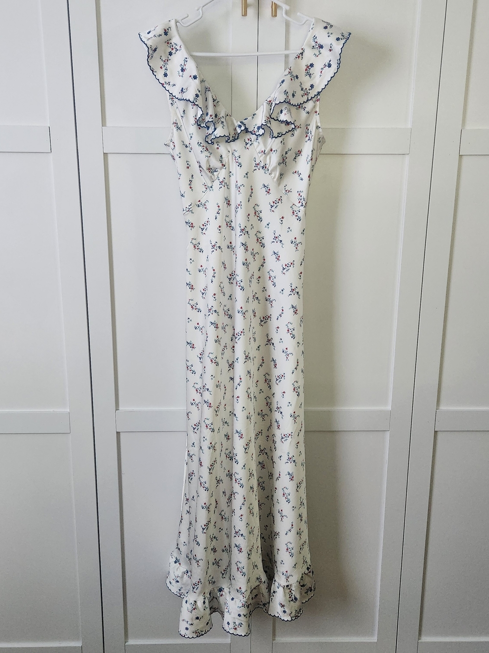 Caroline Constas Cream Maxi Dress with Blue Floral Trim